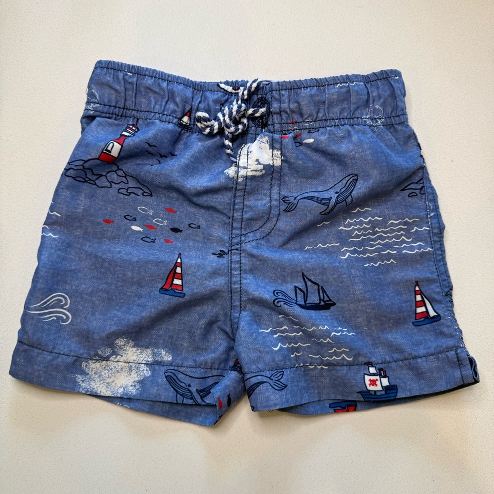 Mud Pie Nautical Sea Life Swim Trunks - Blue Lighthouse & Whale - 12-18M